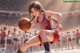 A woman in a red and white uniform holding a basketball.